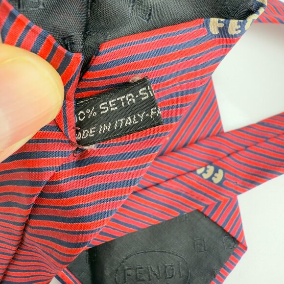 Fendi Roma Vintage Made in Italy Silk Red & Navy Stripe Logo Tie 55.5” x 3” - Picture 4 of 5